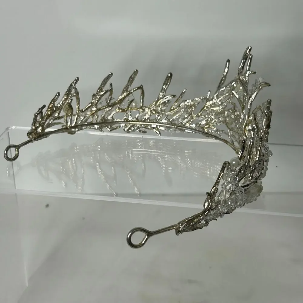 Silver Woodland Fairy Tiara Crystal Beaded Pearl Branch Crown Fantasy Costume
